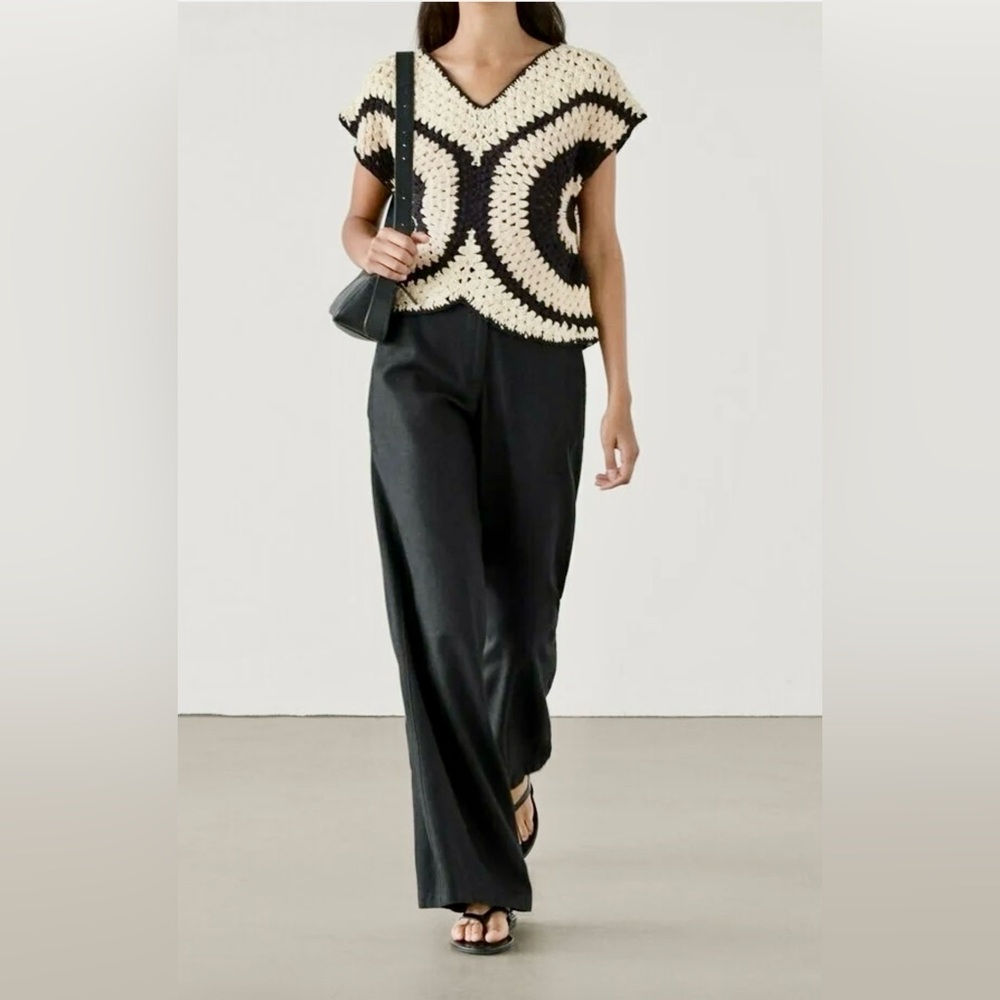 Massimo Dutti 100% Cotton Crochet Knit Top W Contrast Piping Details Women’s S - Picture 2 of 16